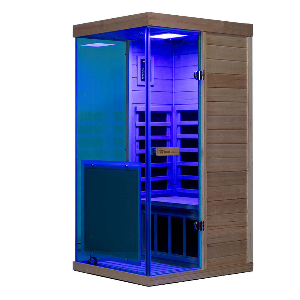 Wizzisaunas 909MX Mini 1 Person Infrared Sauna 3 Sides Large glass panels