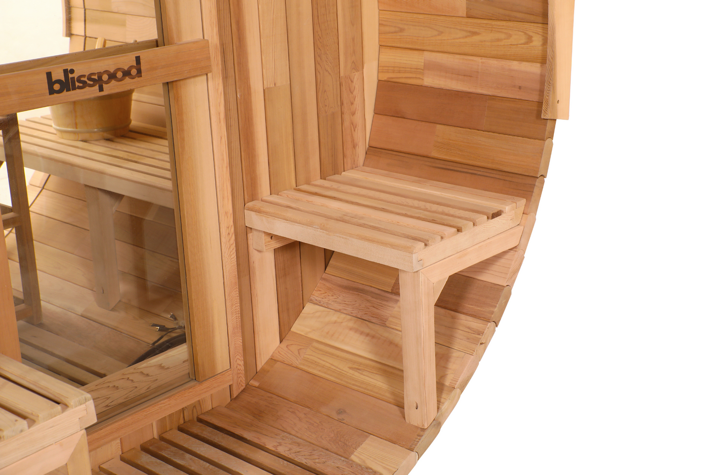 Blisspod Prague Outdoor Cedar Barrel Sauna | Full Glass Back | 2 front Porch seats
