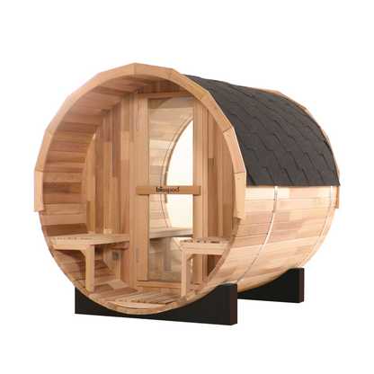 Blisspod Prague Outdoor Cedar Barrel Sauna | Full Glass Back | 2 front Porch seats