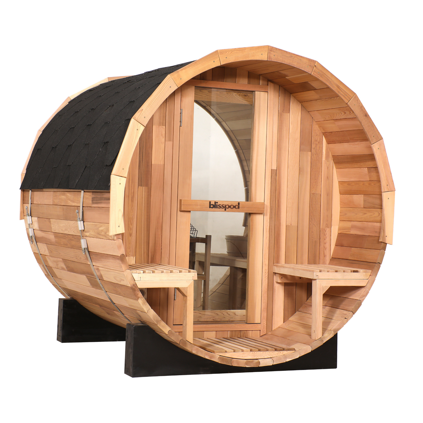 Blisspod Prague Outdoor Cedar Barrel Sauna | Full Glass Back | 2 front Porch seats