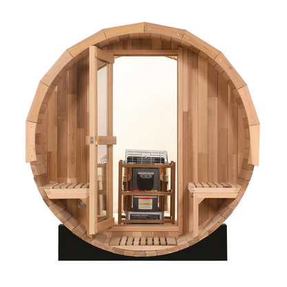 Blisspod Prague Outdoor Cedar Barrel Sauna | Full Glass Back | 2 front Porch seats