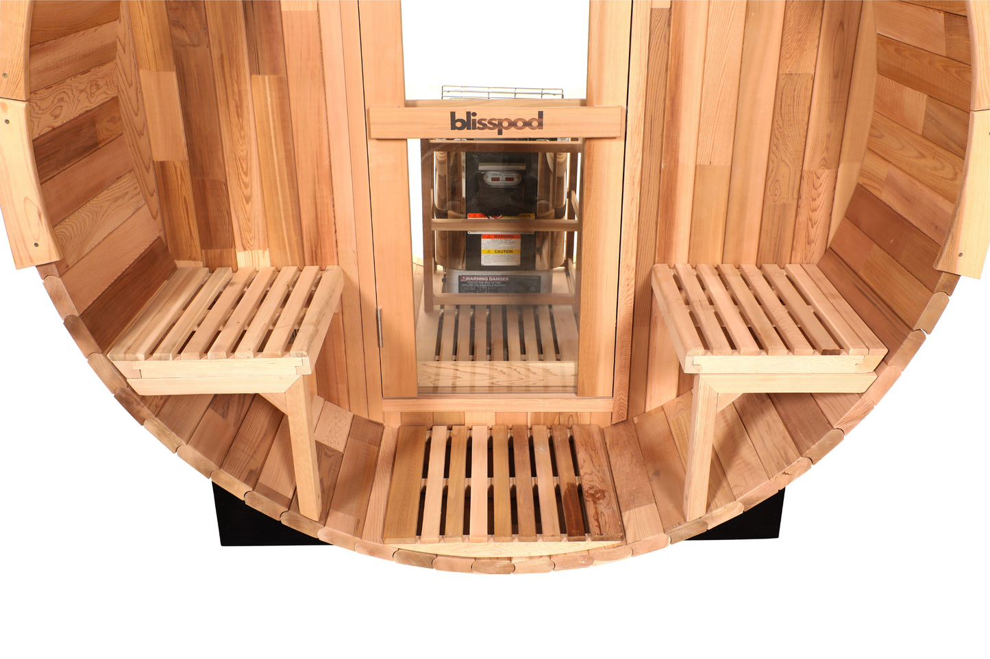 Blisspod Prague Outdoor Cedar Barrel Sauna | Full Glass Back | 2 front Porch seats