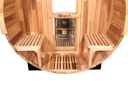 Blisspod Prague Outdoor Cedar Barrel Sauna | Full Glass Back | 2 front Porch seats