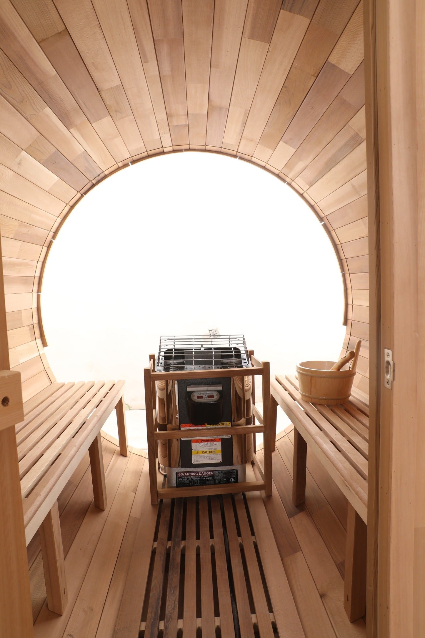 Blisspod Prague Outdoor Cedar Barrel Sauna | Full Glass Back | 2 front Porch seats